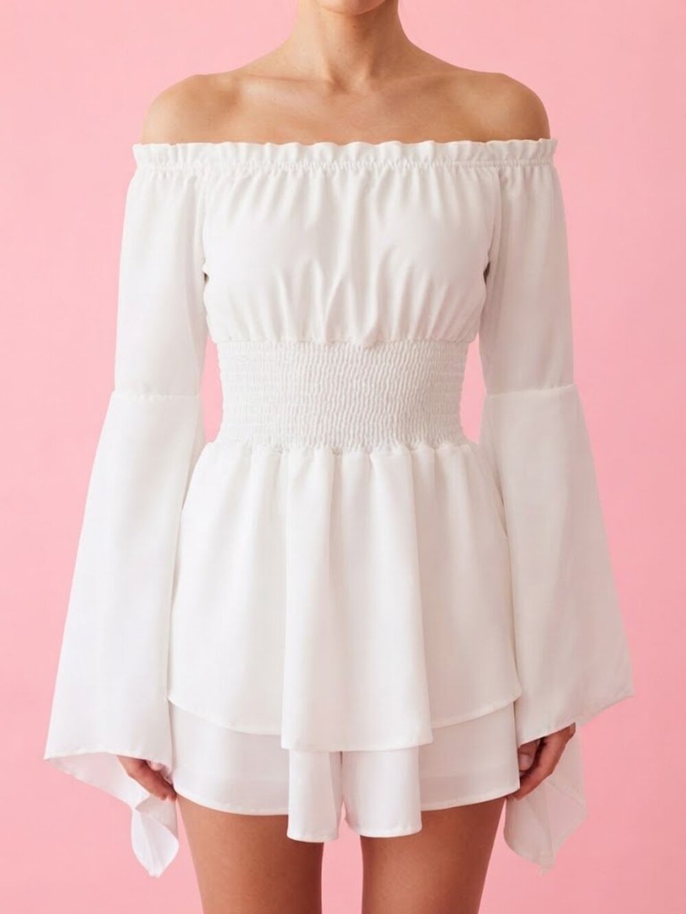 White Off-Shoulder Smocked Waist Romper - Renaissance Halloween Costume